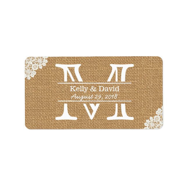 Vintage Monogram Burlap & Lace Rustikale Hochzeit Adressaufkleber (Vorne)