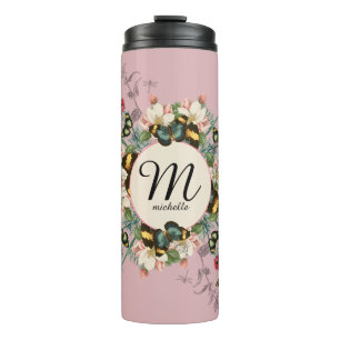 Vintage Monogram Butterfly Dusty Rose Custom Thermosbecher