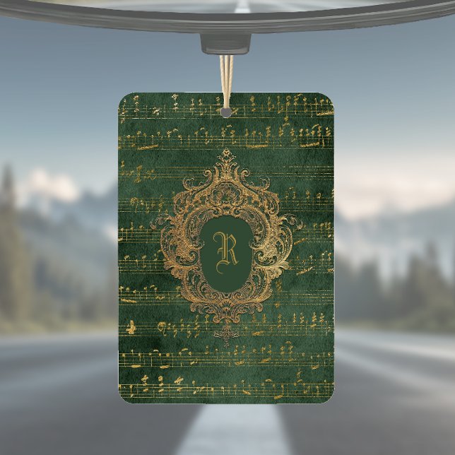 Vintage Monogram Crest Music Manuscript Green Gold Autolufterfrischer (Von Creator hochgeladen)