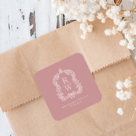 Vintage Monogram Crest Names Dusty Rose Wedding Quadratischer Aufkleber