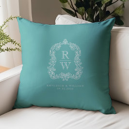 Vintage Monogram Crest Names Turquoise Wedding Kissen