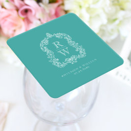Vintage Monogram Crest Names Turquoise Wedding Rechteckiger Pappuntersetzer