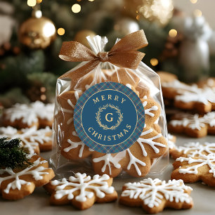 Vintage Monogram Kranz Blau Kariert Weihnachten Runder Aufkleber