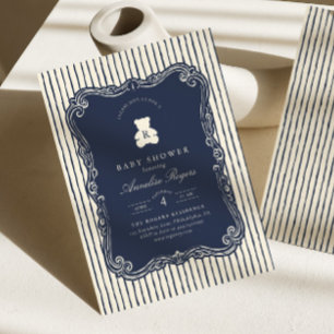 Vintage Monogram Navy Blau Teddybär Baby-Party Einladung