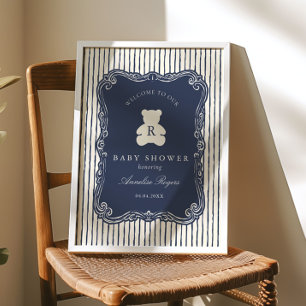 Vintage Monogram Navy Blau Teddybär Baby-Party Poster