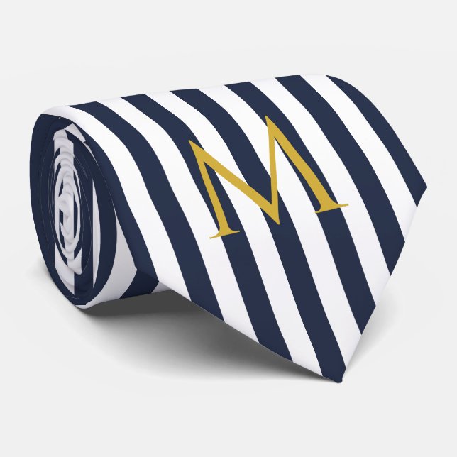 Vintage Monogram Navy Blue & White Streifen Streif Krawatte (Gerollt)