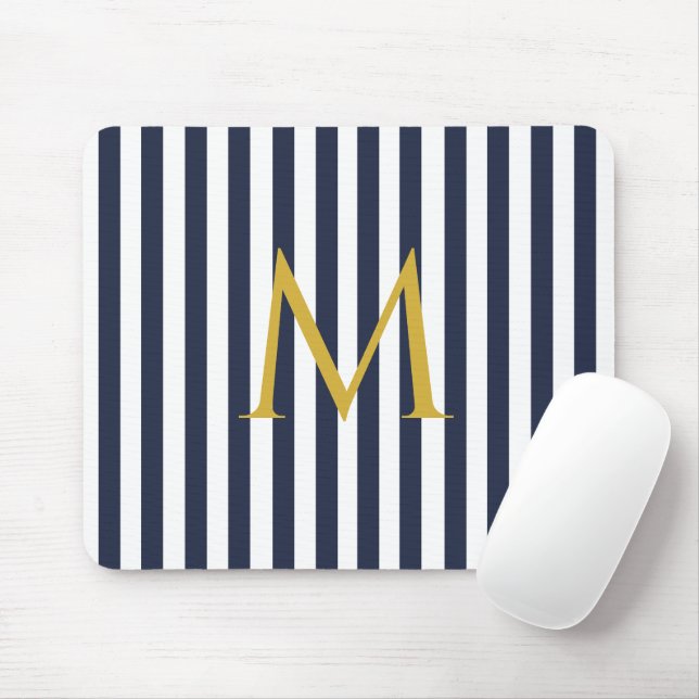 Vintage Monogram Navy Blue & White Streifen Streif Mousepad (Mit Mouse)