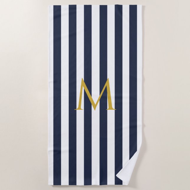 Vintage Monogram Navy Blue & White Streifen Streif Strandtuch (Vorderseite)