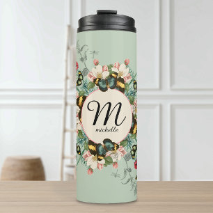 Vintage Monogram Schmetterlinge Salbeigrün Custom Thermosbecher