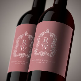 Vintage Monogram Wappen-Namen Dusty Rose Hochzeit Weinetikett