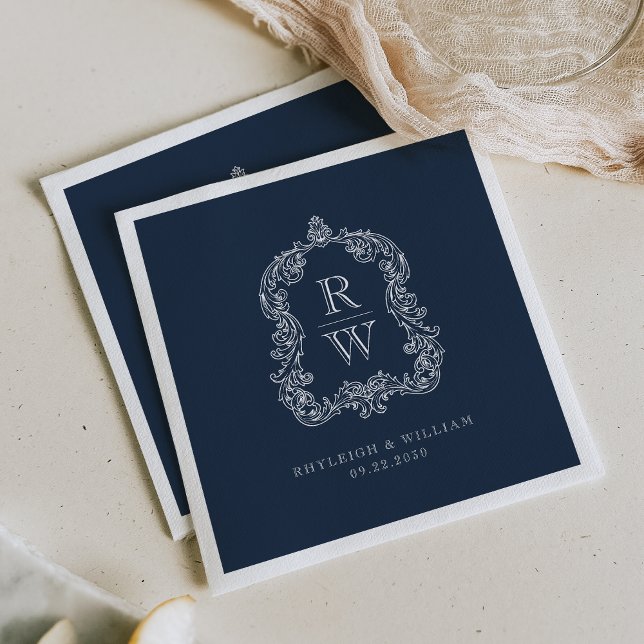 Vintage Monogram Wappen Names Navy Blue Wedding Serviette (Von Creator hochgeladen)
