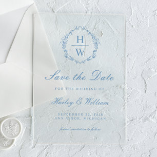 Vintage Monogram Wreath Blue Wedding Save the Date Acryleinladungen