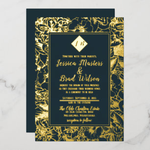 Vintage Monogramm Floral Wedding Dark Aquamarin Folieneinladung