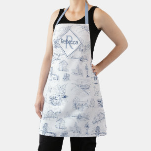 Vintage Monogramm Name Blau Toile Farmhouse Design Schürze