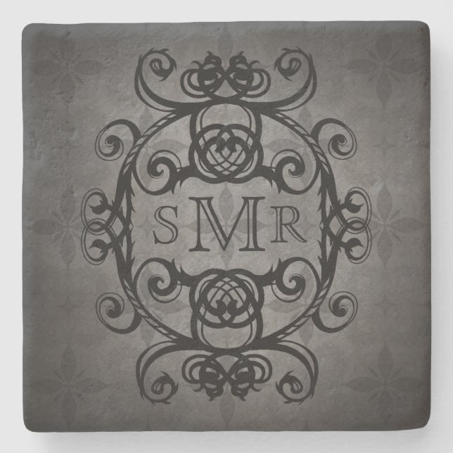 Vintage Monogramm schwarz und grau Steinuntersetzer (Vorderseite)