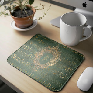 Vintage Monogramm-Wappen Musikmanuskript Grün Gold Mousepad