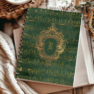Vintage Monogramm-Wappen Musikmanuskript Grün Gold Notizbuch