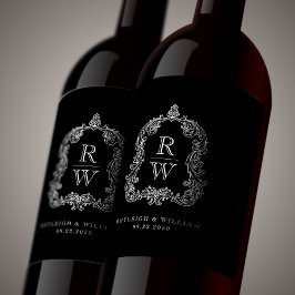 Vintage Monogramm-Wappen-Namen Schwarz-weiß Hochze Weinetikett