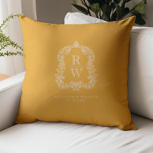 Vintage-Monogrammwappen Ringelblume Gelb Hochzeit Kissen