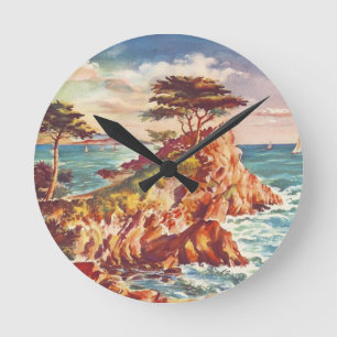 Vintage-Monterey-Küstenlinie kalifornischer Touris Runde Wanduhr