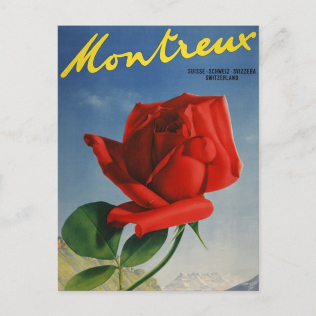 Vintage Montreux Rote Rose Schweiz Genfersee Postkarte (Vorderseite)