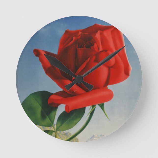 Vintage Montreux Rote Rose Schweiz Genfersee Runde Wanduhr (Vorderseite)