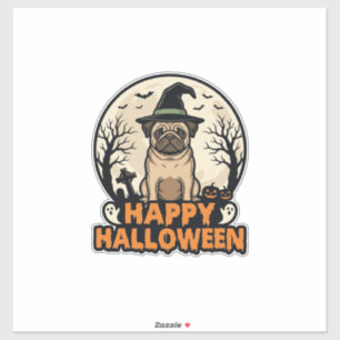 Vintage-Mops-Frohe-Halloween-Hexenhut-Shirt-Design Aufkleber