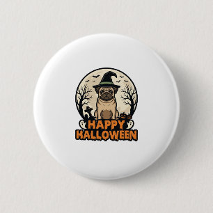 Vintage-Mops-Frohe-Halloween-Hexenhut-Shirt-Design Button