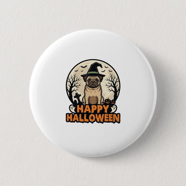 Vintage-Mops-Frohe-Halloween-Hexenhut-Shirt-Design Button (Vorderseite)