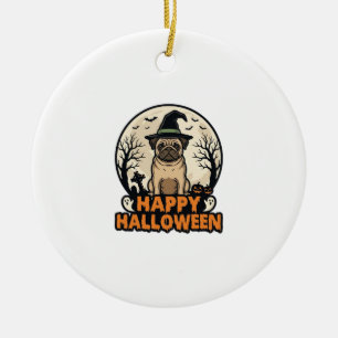 Vintage-Mops-Happy-Halloween-Hexenhut-Shirt-Design Keramik Ornament