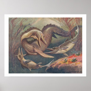 Vintage Mosasaurus vs. Ichthyosaurs Print Poster