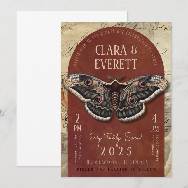 Vintage Moth Wedding Invitation with Rustic Arch Einladung (Vorne/Hinten)