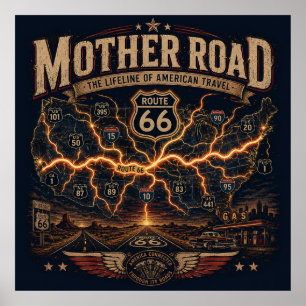 Vintage Mother Road Route 66 Karte Americana Reise Poster