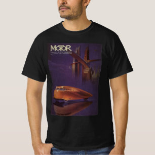 Vintage-Motor-Magazin-Cover, futuristisches Stadt- T-Shirt