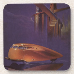 Vintage Motor Magazin-Cover, futuristisches Stadta Getränkeuntersetzer