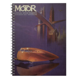Vintage Motor Magazin-Cover, futuristisches Stadta Notizblock