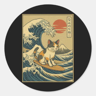 Vintage-Mount-Fuji-Sonnenuntergang-Welle-Kunst-Jap Runder Aufkleber