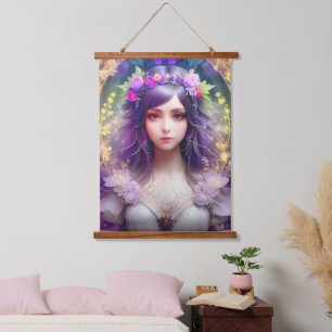 Vintage Mucha Style Schönes Frauenporträt Wandteppich Mit Holzrahmen