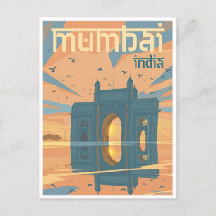 Vintage Mumbai, Indien Reise Aquarell Tourismus Postkarte