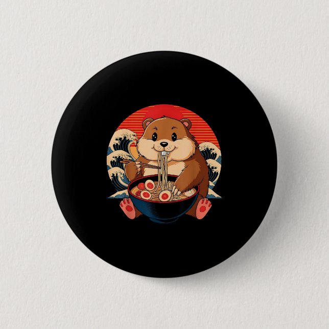 Vintage-Murmeltier isst Ramen Lustiger glücklicher Button (Vorderseite)