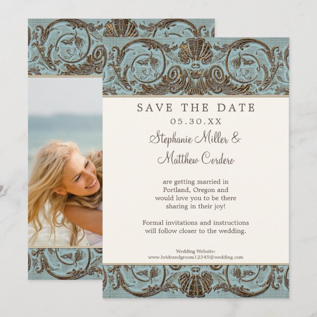 Vintage Muschel Bildlauf Barock Save the Date blau Einladung (Vorne/Hinten)
