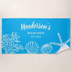 Vintage Muschel Starfish Beach House Name Blue Whi Strandtuch