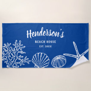 Vintage Muschel Starfish Beach House Name Blue Whi Strandtuch