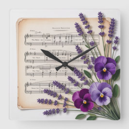 Vintage Music and Lavender Pansies Floral Quadratische Wanduhr