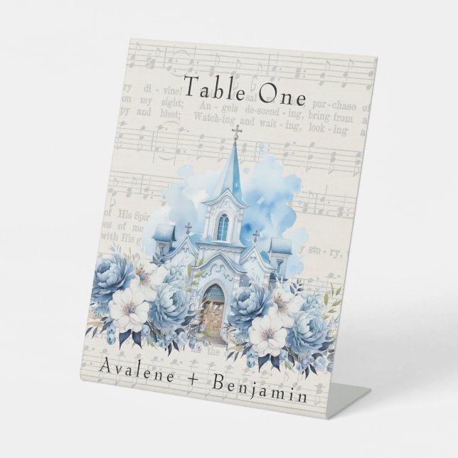 Vintage Musical Dusty Blue Peony Church Wedding Sockelschild (Vorderseite)