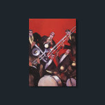 Vintage Musik, Art Deco Musical Jazz Band Jamming Leinwanddruck<br><div class="desc">Vintage Illustrationskunst Deko-Design mit einem musikalischen Bild mit einer Musikgruppe darstellende Posaunen,  Trommeln,  Saxophon und andere Instrumente,  während der Lead-Sänger hält ein Mikrofon.</div>