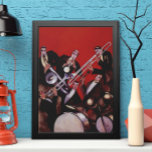 Vintage Musik, Art Deco Musical Jazz Band Jamming Poster<br><div class="desc">Vintage Illustrationskunst Deko-Design mit einem musikalischen Bild mit einer Musikgruppe darstellende Posaunen,  Trommeln,  Saxophon und andere Instrumente,  während der Lead-Sänger hält ein Mikrofon.</div>