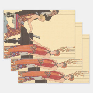 Vintage Musik, Art Deco Pianist Musiker Sänger Geschenkpapier Set