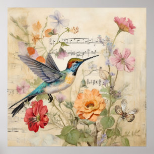 Vintage-Musik-Blumen-Französischer-Kolibri-Kunst Poster