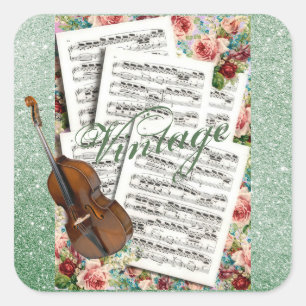 Vintage Musik & Blumen Quadratischer Aufkleber